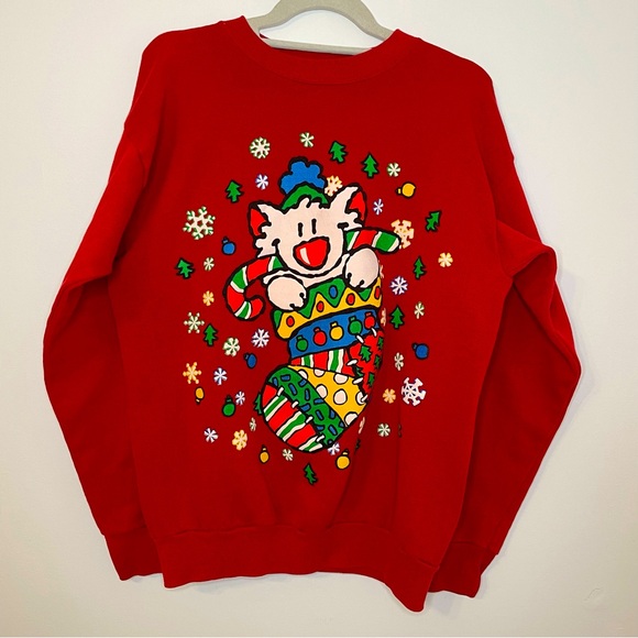 Vintage Christmas Cat Sweatshirt Large Red Ugly Sweater BJ Designer - Picture 1 of 14